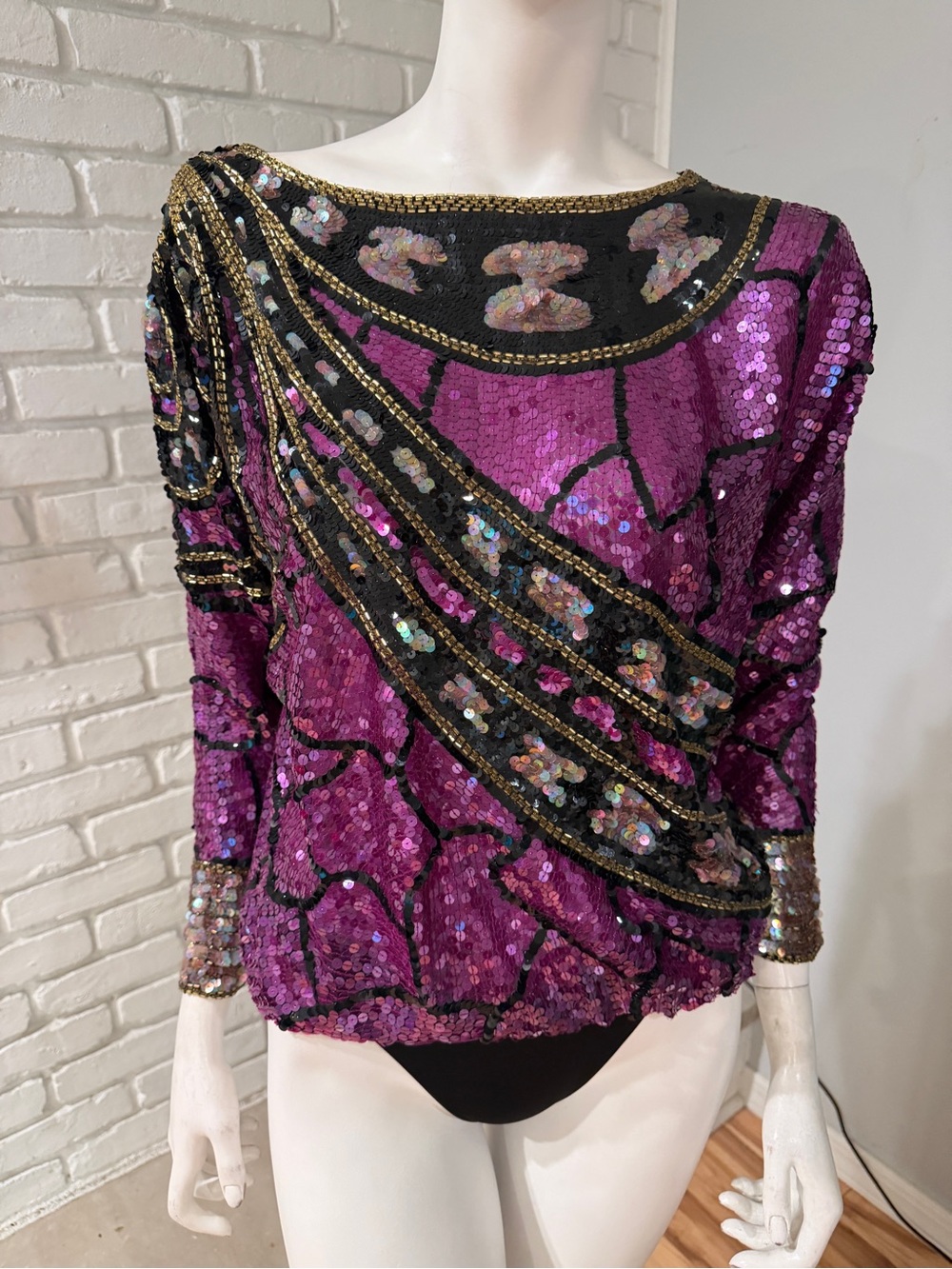 Jack Bryan Vintage Hand-Beaded Sequin Art Deco Top Purple Black Gold Size 6 - Picture 3 of 16
